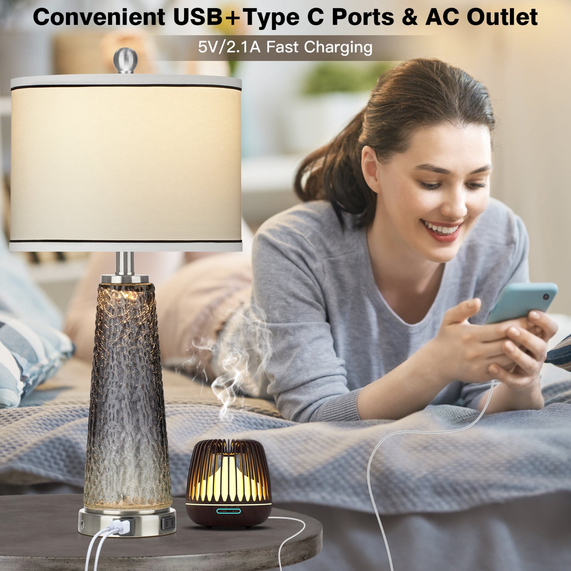 Cinkeda Modern Table Lamp Set of 2 for Bedroom Living Room with USB A+C Ports AC Outlet Gradient Grey Glass Nightlight Nightstand Bedside Lamps