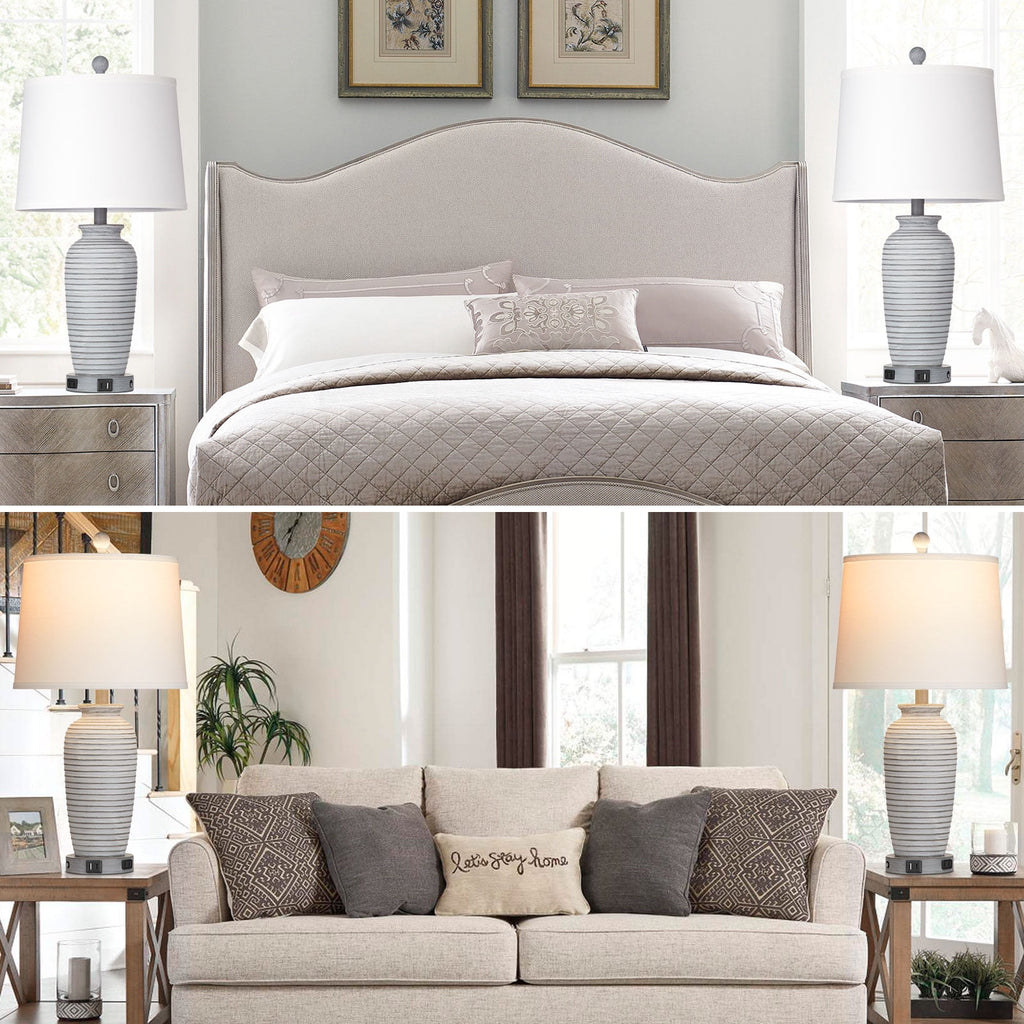 Cinkeda Farmhouse Jar Table Lamp Set of 2 with USB A+C Ports & AC Outlet, 3-Way Dimmable Touch Control, Resin for Bedroom Nightstand