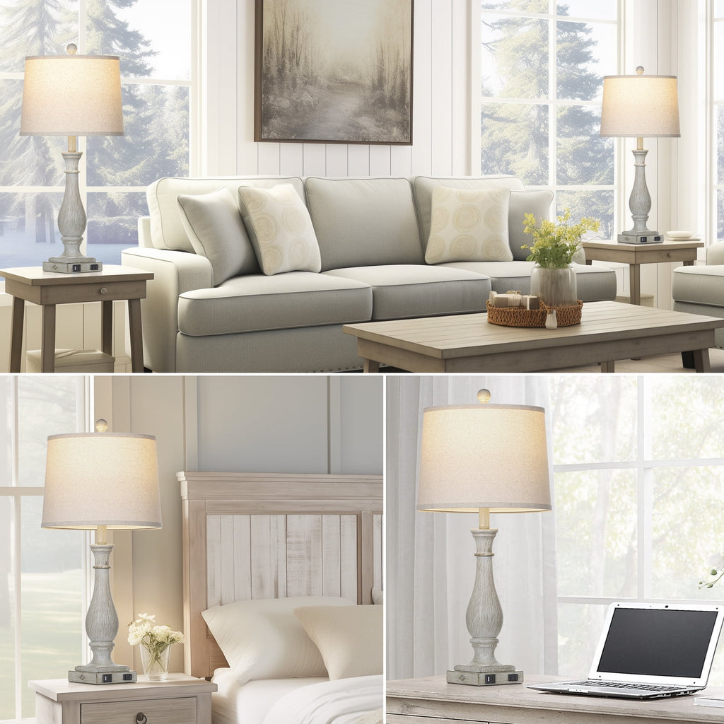 Cinkeda Table Lamp Set of 2 with 2 USB Charging Ports,3 Way Dimmable Rustic White Bedside Nightstand Lamps for Bedroom Living Room