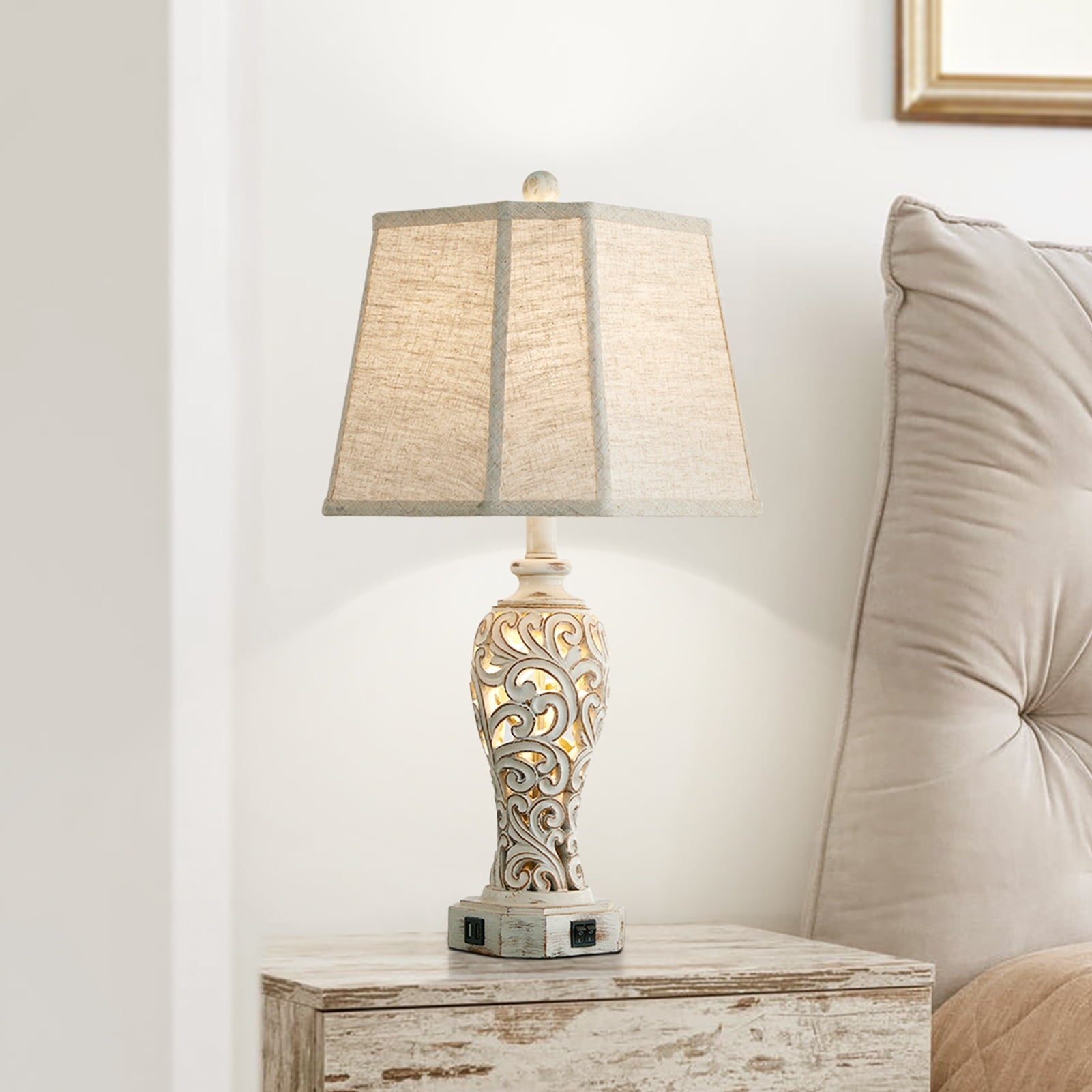 RORIA 25" Two-Piece Modern Table Lamp for Living Room Bedroom Nightstand, Country Farmhouse Vintage Bedside Lamp with 2 USB Charging Ports, Hollow Resin with Night Light