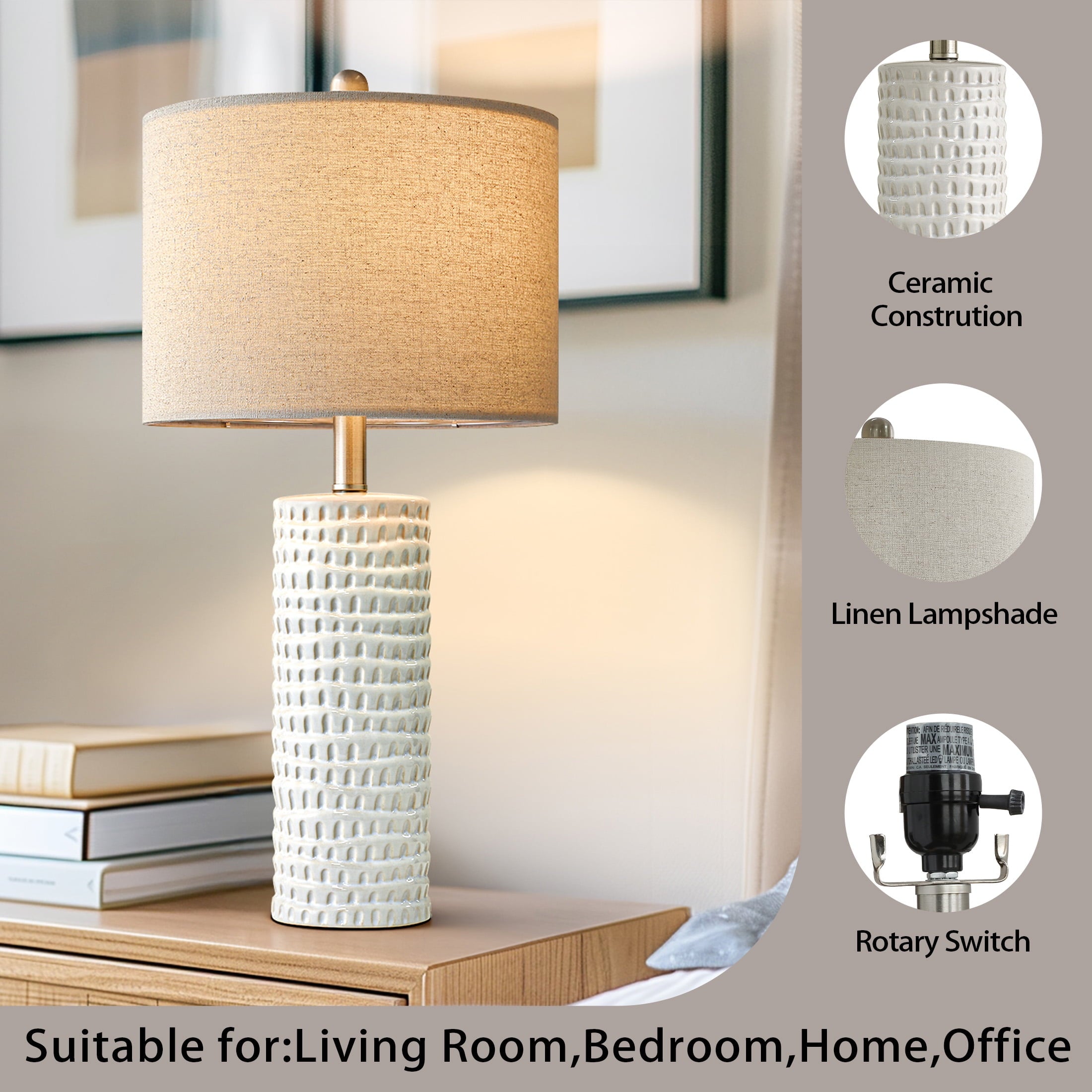 Oneach Ceramic Table Lamp Set of 2 24" White Contemporary Bedside Nightstand Lamps for Bedroom Living Room