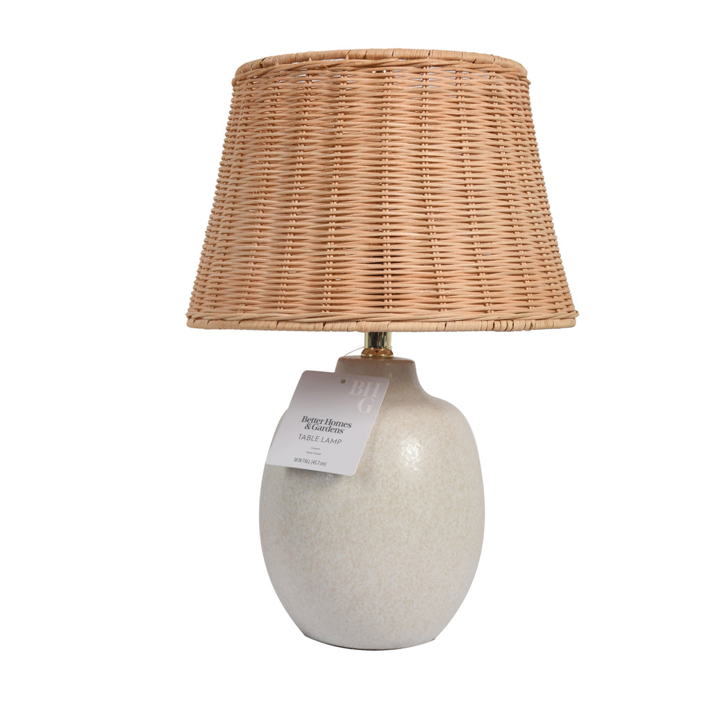 Better Homes & Gardens 18" Cream Reactive Ceramic Table Lamp with Natural Rattan Shade