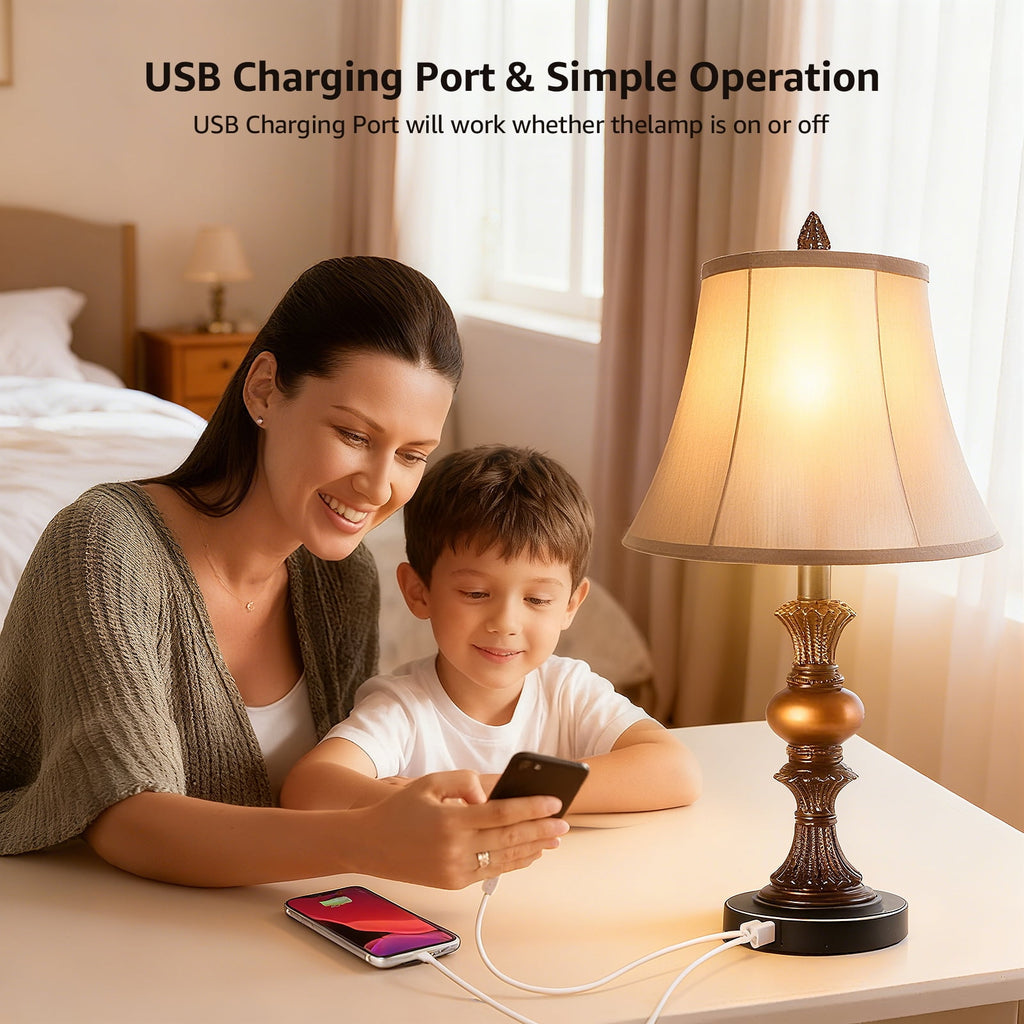 Skdwakiz 22" Table Lamps Set of 2, Lamps for Bedroom with USB Charging Ports, 3 Way Dimmable Touch with Linen Fabric Lampshade, Modern Small Table Lamp for Nightstand, Living Room (Bulbs Include)