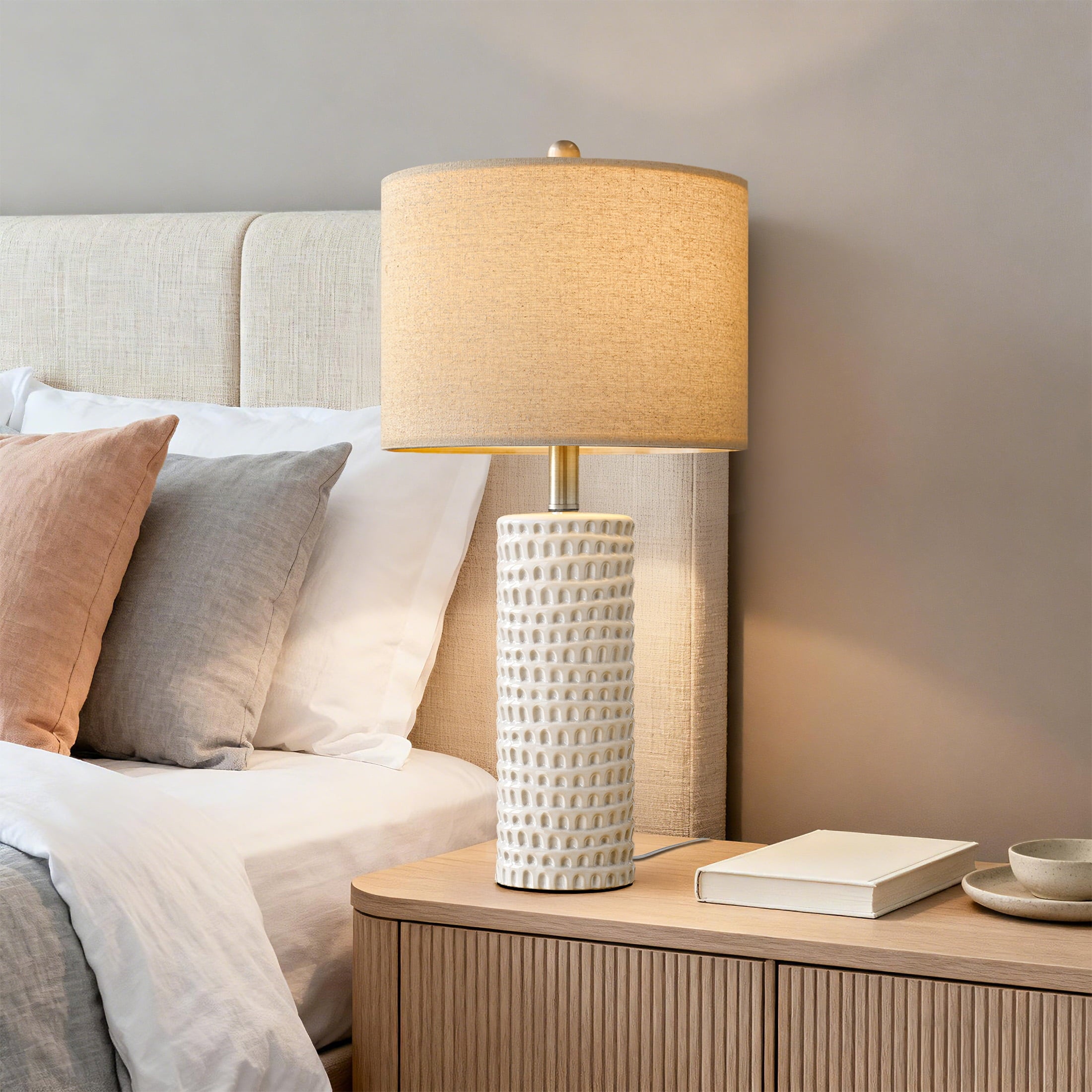 Oneach Ceramic Table Lamp Set of 2 24" White Contemporary Bedside Nightstand Lamps for Bedroom Living Room