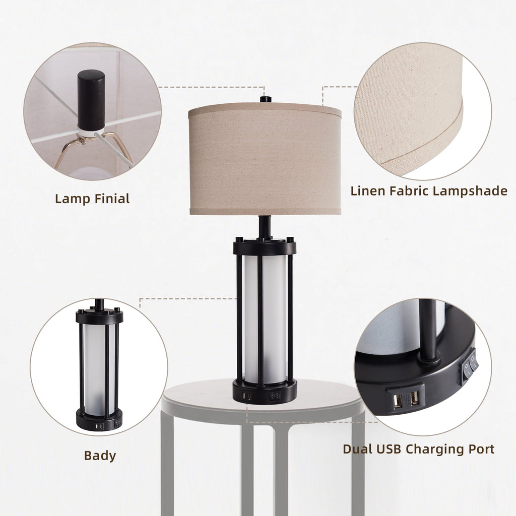 RORIA 24” Modern Living Room Table Lamp Set of 2 with 2 USB charging ports, built-in frosted white glass with night light, black retro country farmhouse lamp, perfect for bedroom bedside lamps