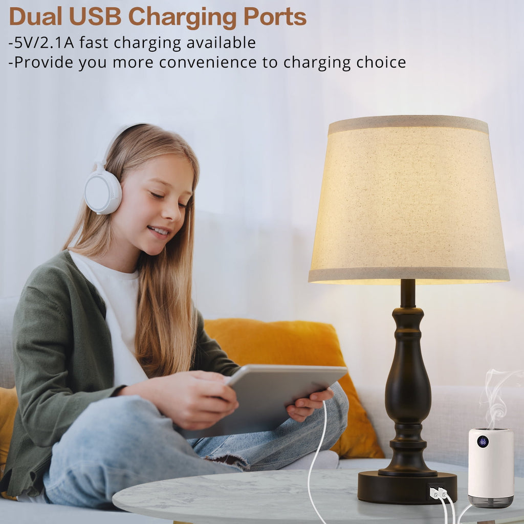 NATYSWAN Table Lamps Set of 2, Lamps for Bedroom with USB Charging Ports, 3 Way Dimmable Touch with Linen Fabric Lampshade, Modern Small Lamp for Nightstand, Living Room (Bulbs Included)
