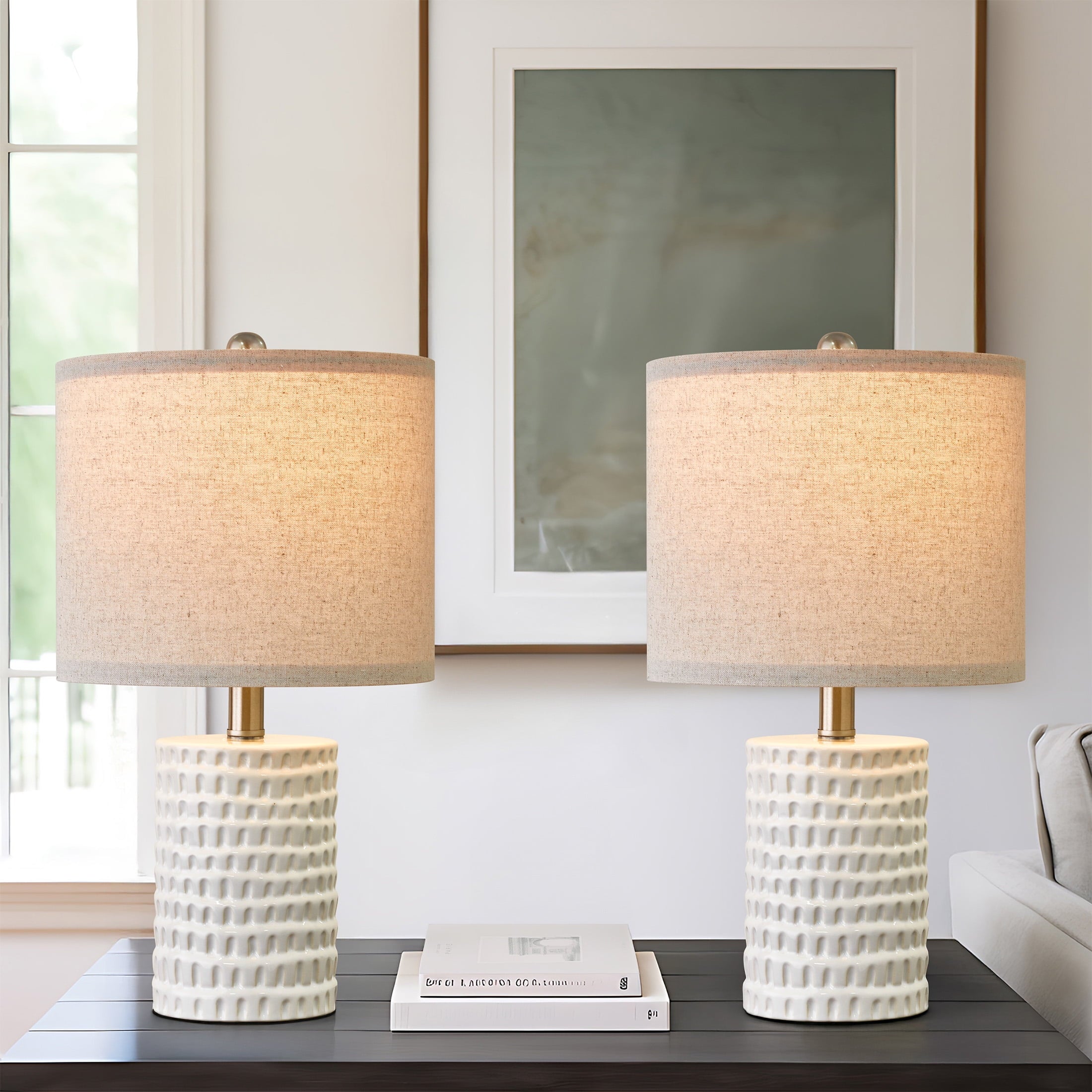 Oneach Ceramic Table Lamp Set of 2 for Living Room Bedroom 18.25" Modern White Bedside Nightstands Lamps