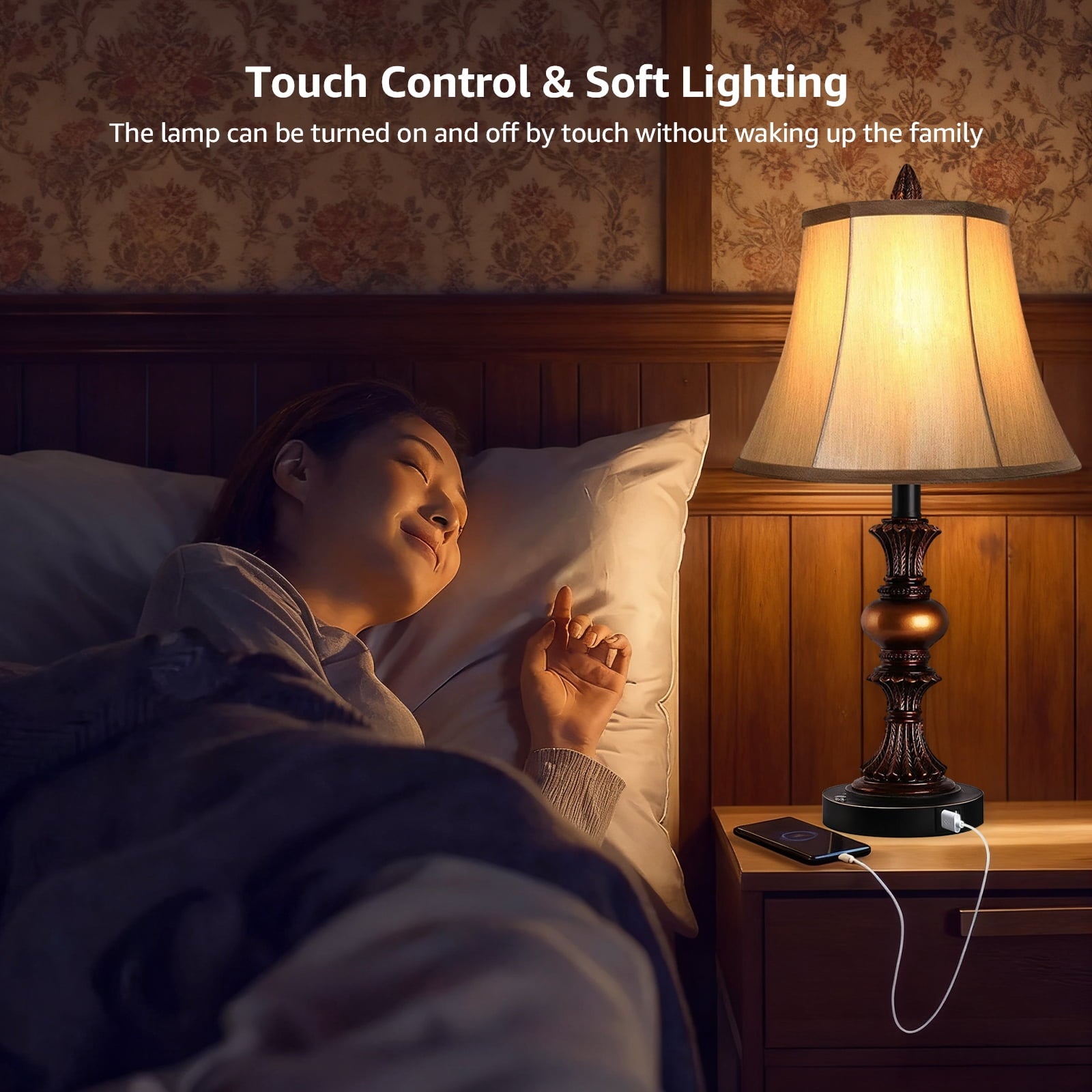 Skdwakiz 22" Table Lamps Set of 2, Lamps for Bedroom with USB Charging Ports, 3 Way Dimmable Touch with Linen Fabric Lampshade, Modern Small Table Lamp for Nightstand, Living Room (Bulbs Include)