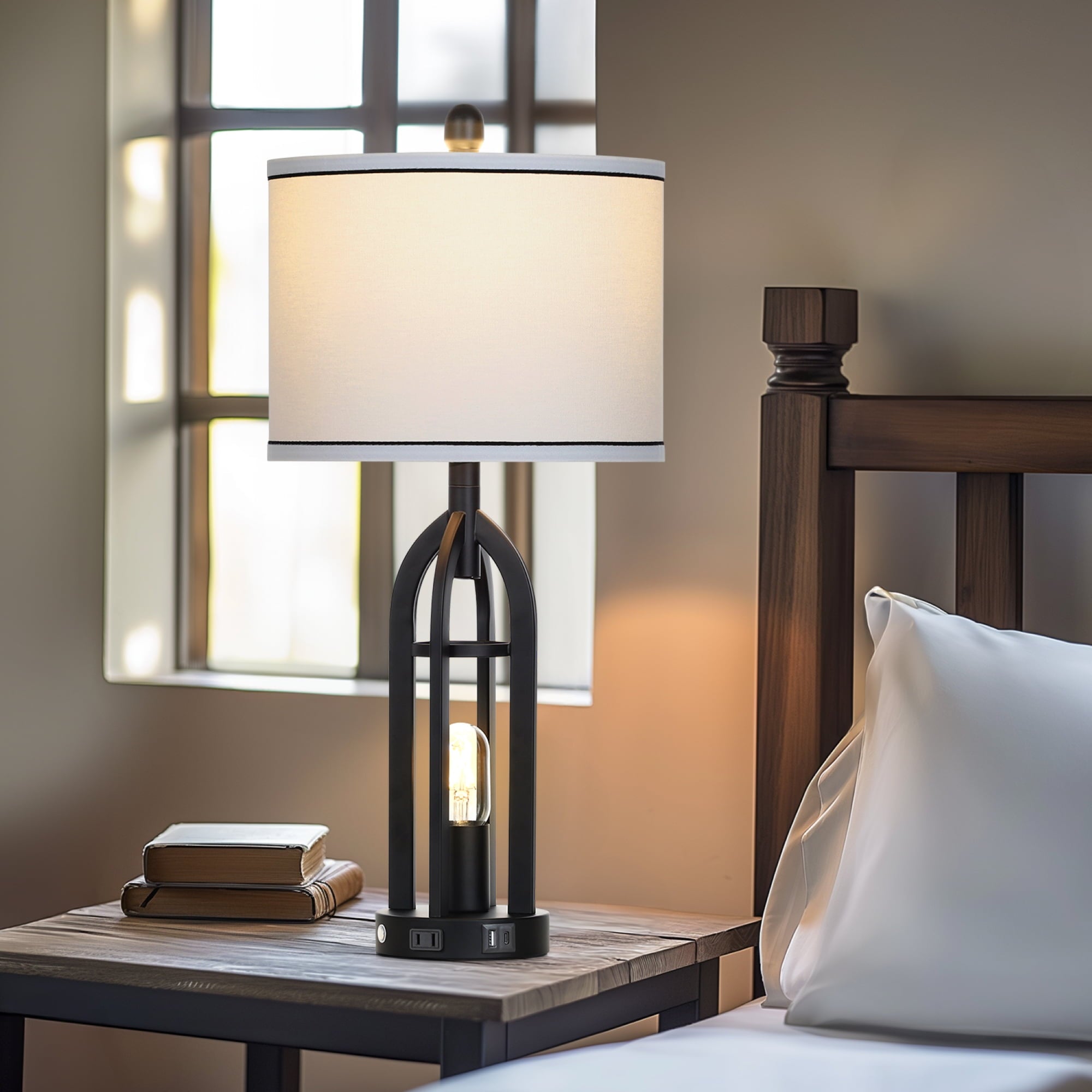 Cinkeda 3 Way Dimmable Table Lamp Set of 2 with AC Outlet USB A+C Charging Ports Touch Control Nightlight for Bedroom Living Room 27" Industrial Black Bedside Nightstand Lamps