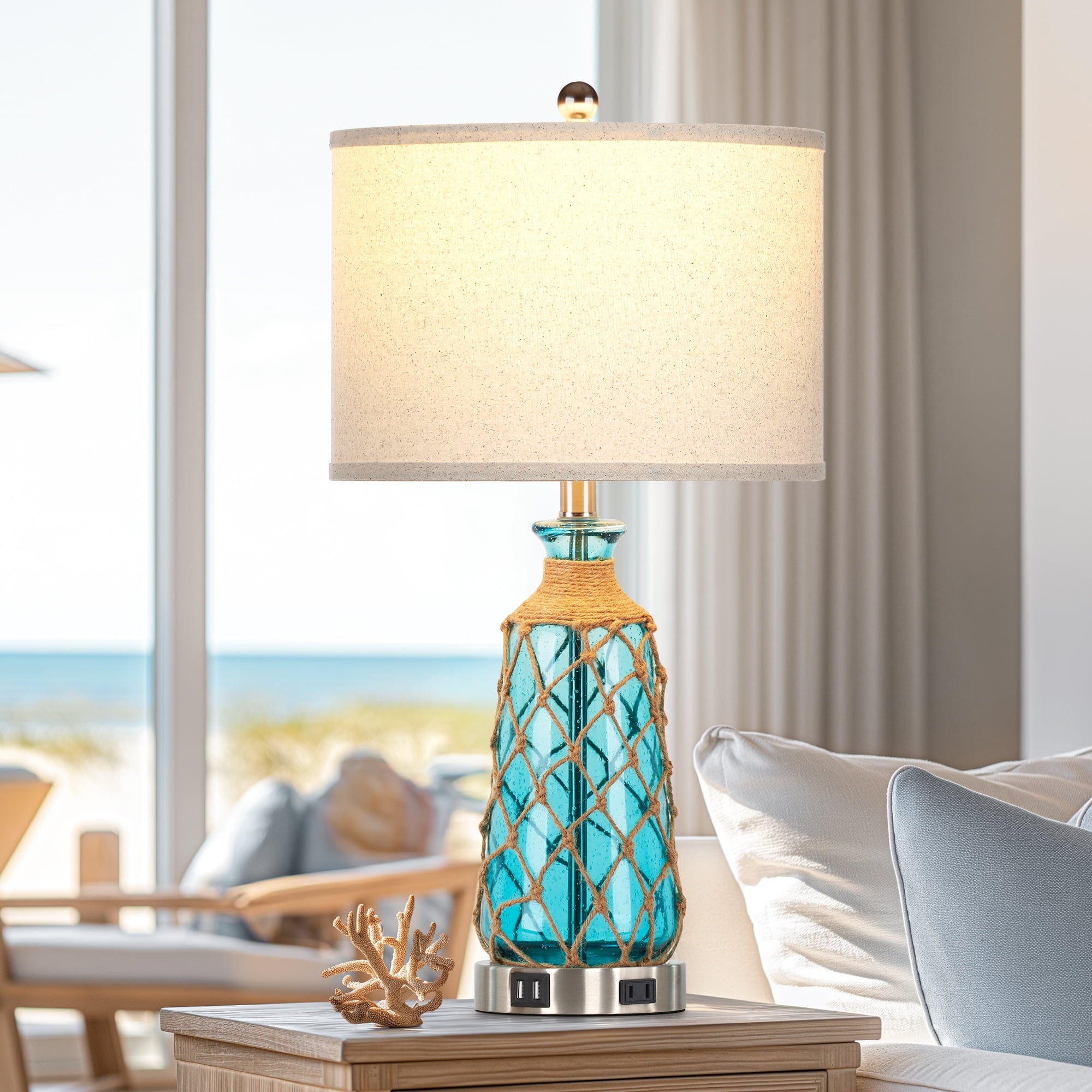 Cinkeda Coastal Table Lamps Set of 2 with USB C & A Charging Ports & AC Outlet - 3-Way Dimmable Touch Control Bedside Lamps,25" Tall, Glass