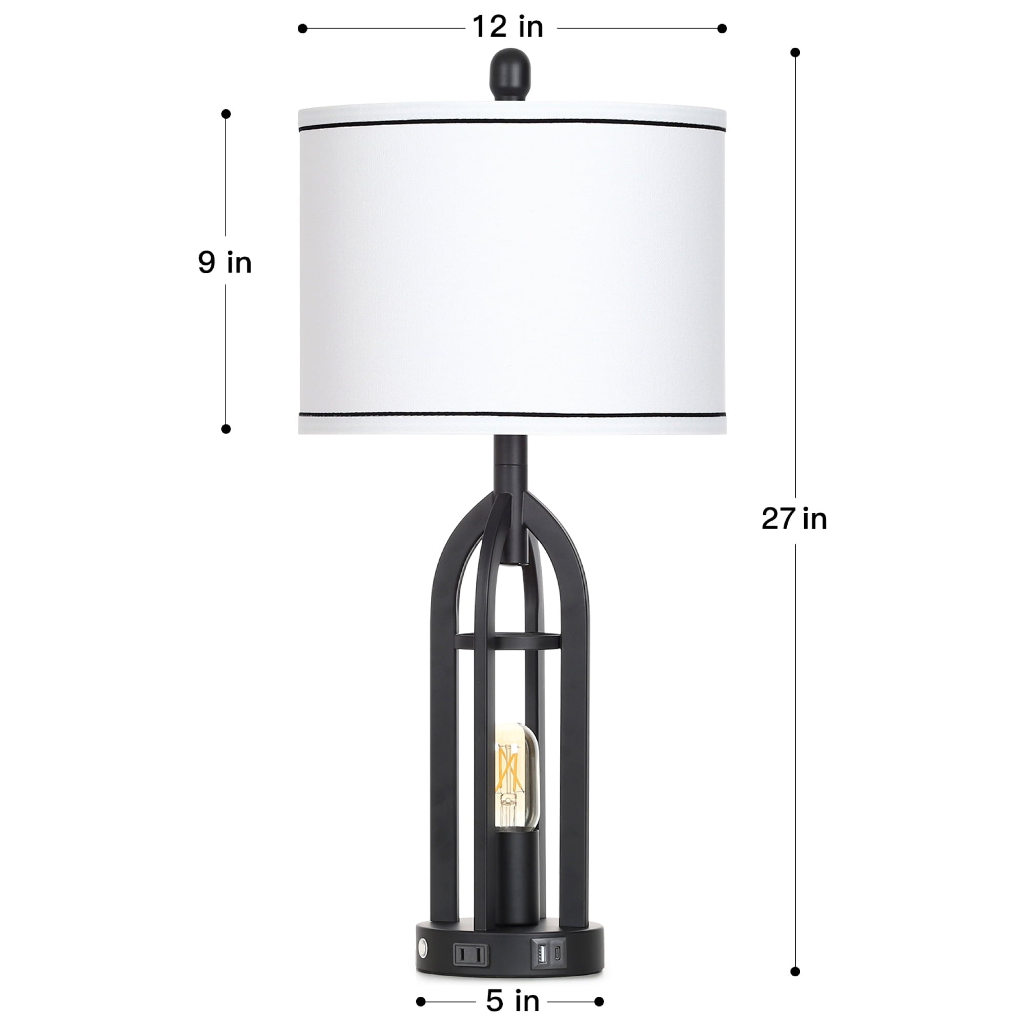 Cinkeda 3 Way Dimmable Table Lamp Set of 2 with AC Outlet USB A+C Charging Ports Touch Control Nightlight for Bedroom Living Room 27" Industrial Black Bedside Nightstand Lamps