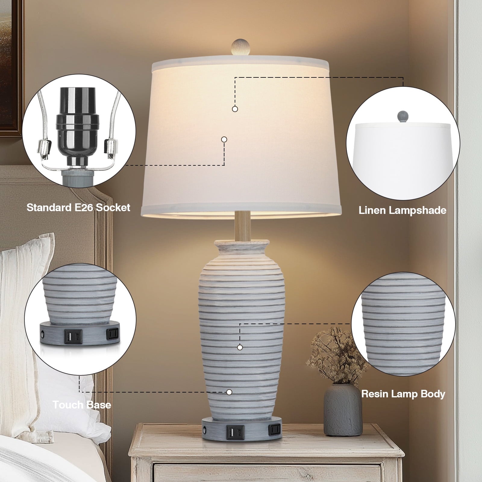 Cinkeda Farmhouse Jar Table Lamp Set of 2 with USB A+C Ports & AC Outlet, 3-Way Dimmable Touch Control, Resin for Bedroom Nightstand