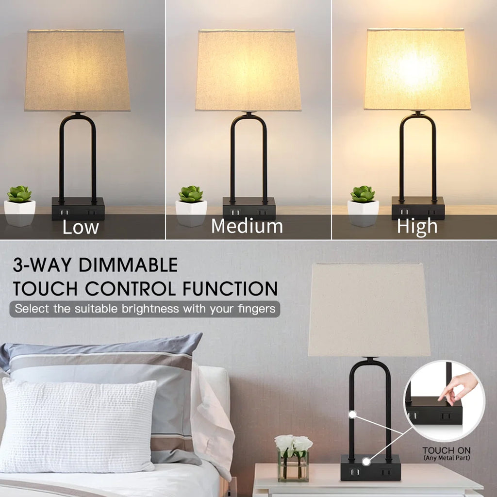Cinkeda 3 Way Dimmable Touch Table Lamps Set of 2 with USB Ports AC Outlet 18" Modern Black Metal Bedside Nightstand Lamp for Living Room Bedroom Office