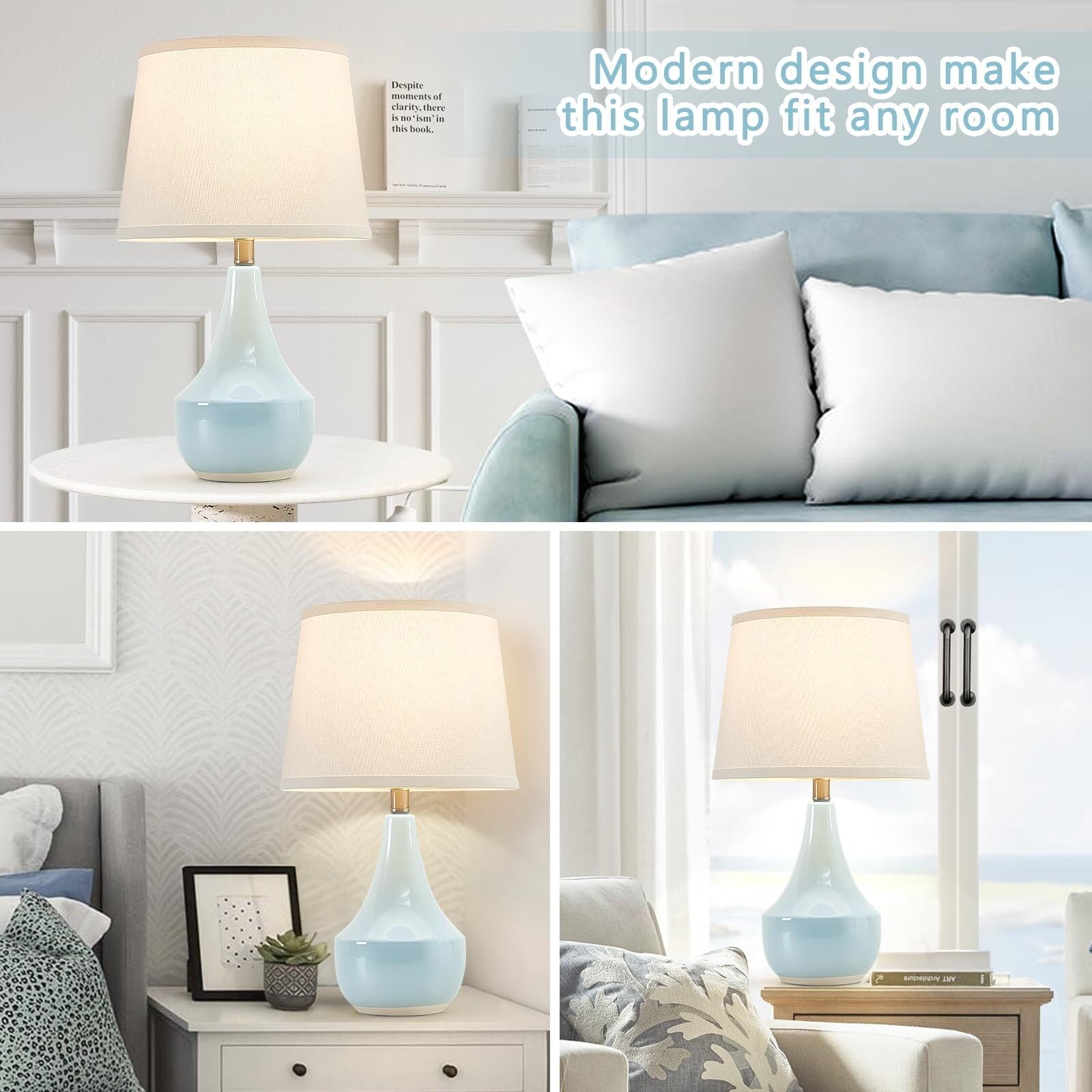 NATYSWAN Table Lamp Set of 2, Ceramic Table Lamp Classic Beside Lamps Nightstand Lamp Modern Table Lamp for Living Room, Bedroom & Office Rocker Swtich Sky Blue-LED Bulbs Included