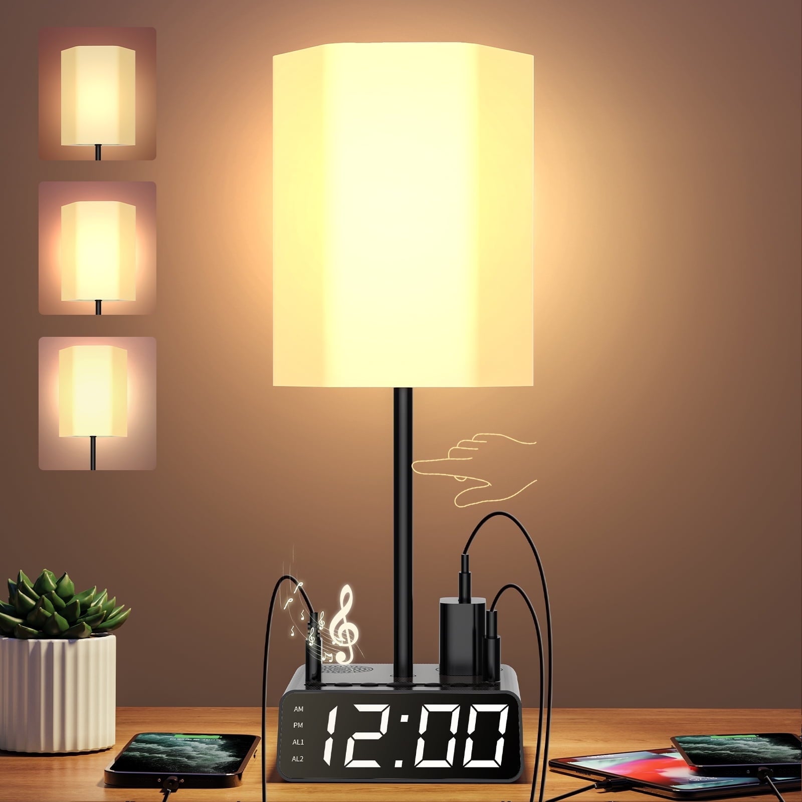 Black Alarm Clock Table Lamp, 3-way Dimmable Bedside Lamp with USB Port, Speaker and Radio - Touch Control, Suitable for Study Room, Bedroom