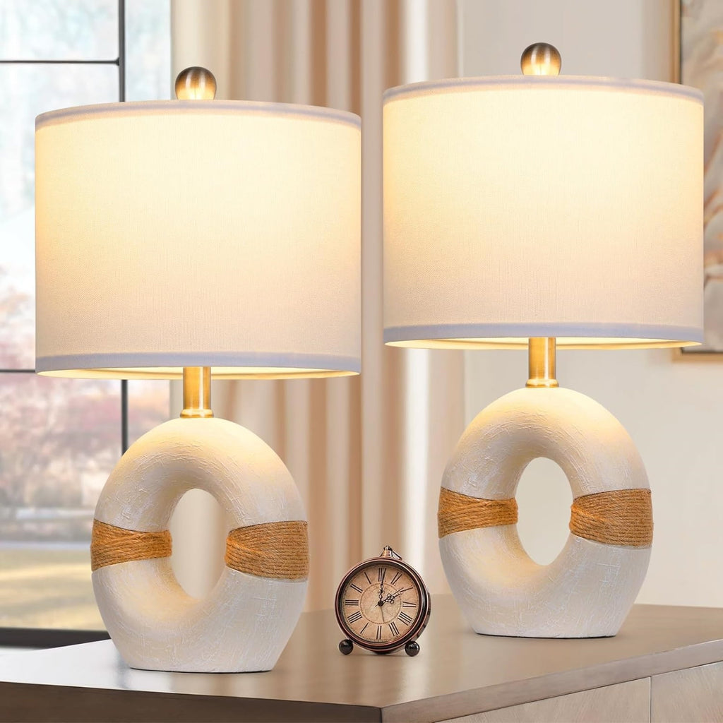 Cinkeda Table Lamp Set of 2 with 2 USB Charging Ports,3 Way Dimmable Rustic White Bedside Nightstand Lamps for Bedroom Living Room