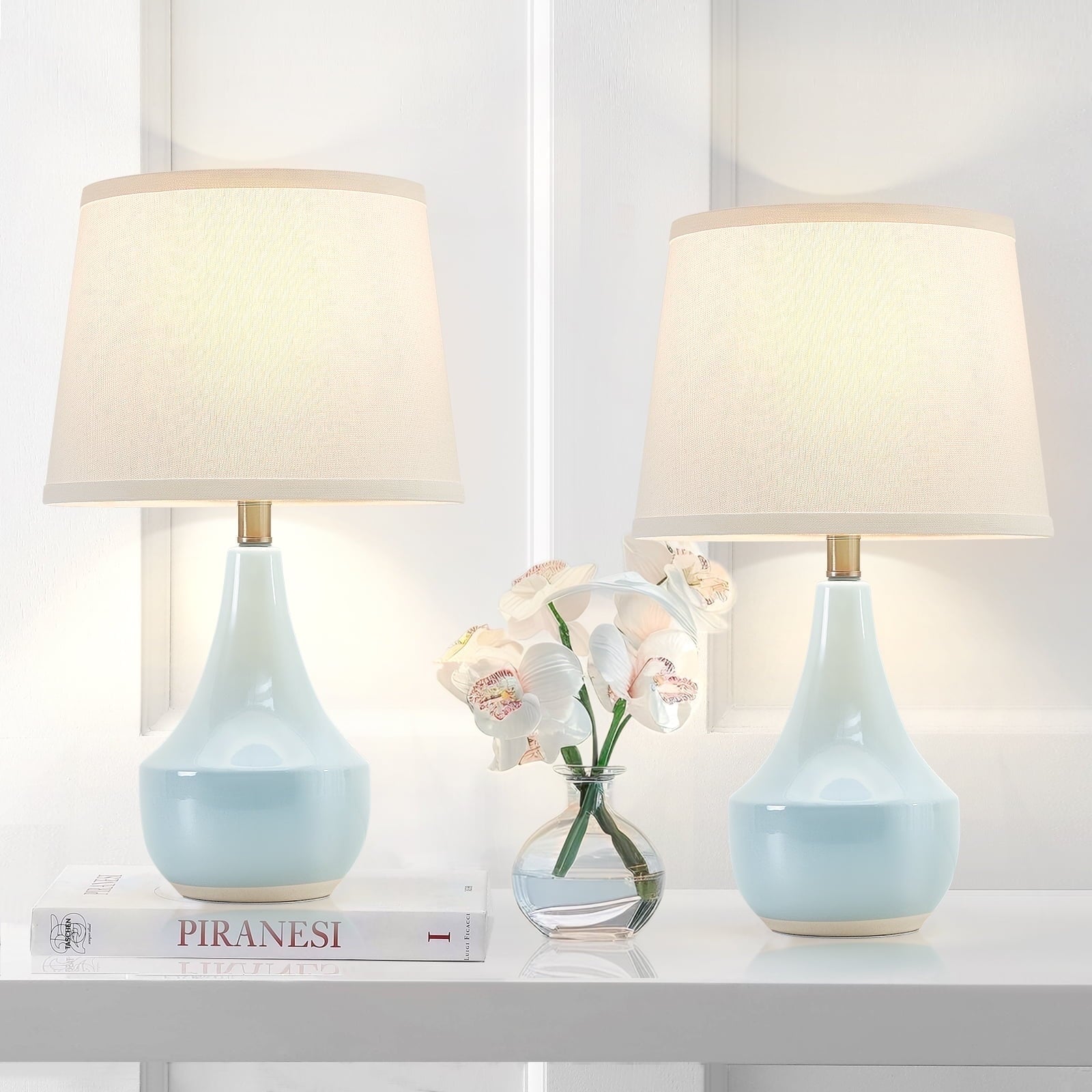 NATYSWAN Table Lamp Set of 2, Ceramic Table Lamp Classic Beside Lamps Nightstand Lamp Modern Table Lamp for Living Room, Bedroom & Office Rocker Swtich Sky Blue-LED Bulbs Included