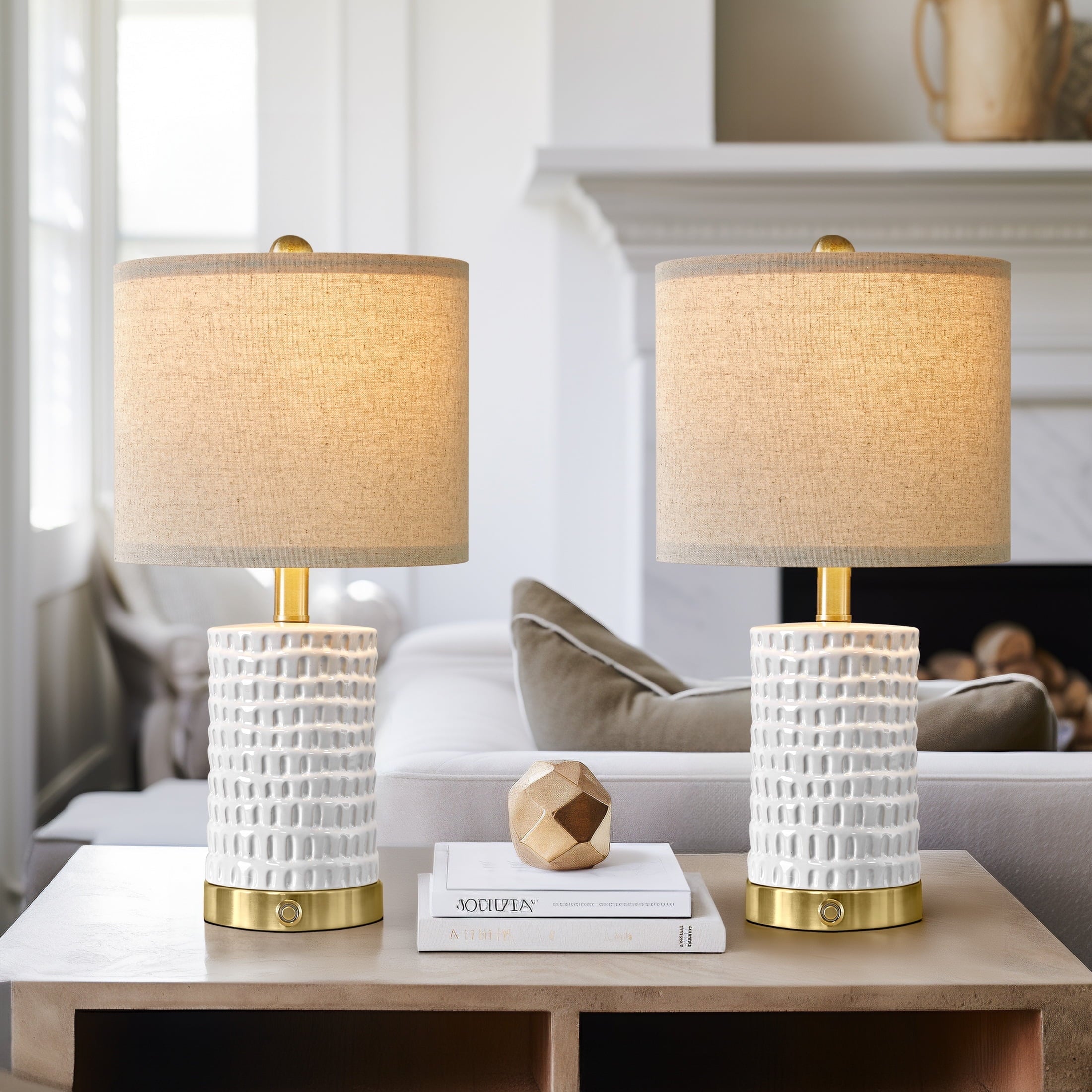 Oneach Ceramic Table Lamp Set of 2 24" White Contemporary Bedside Nightstand Lamps for Bedroom Living Room