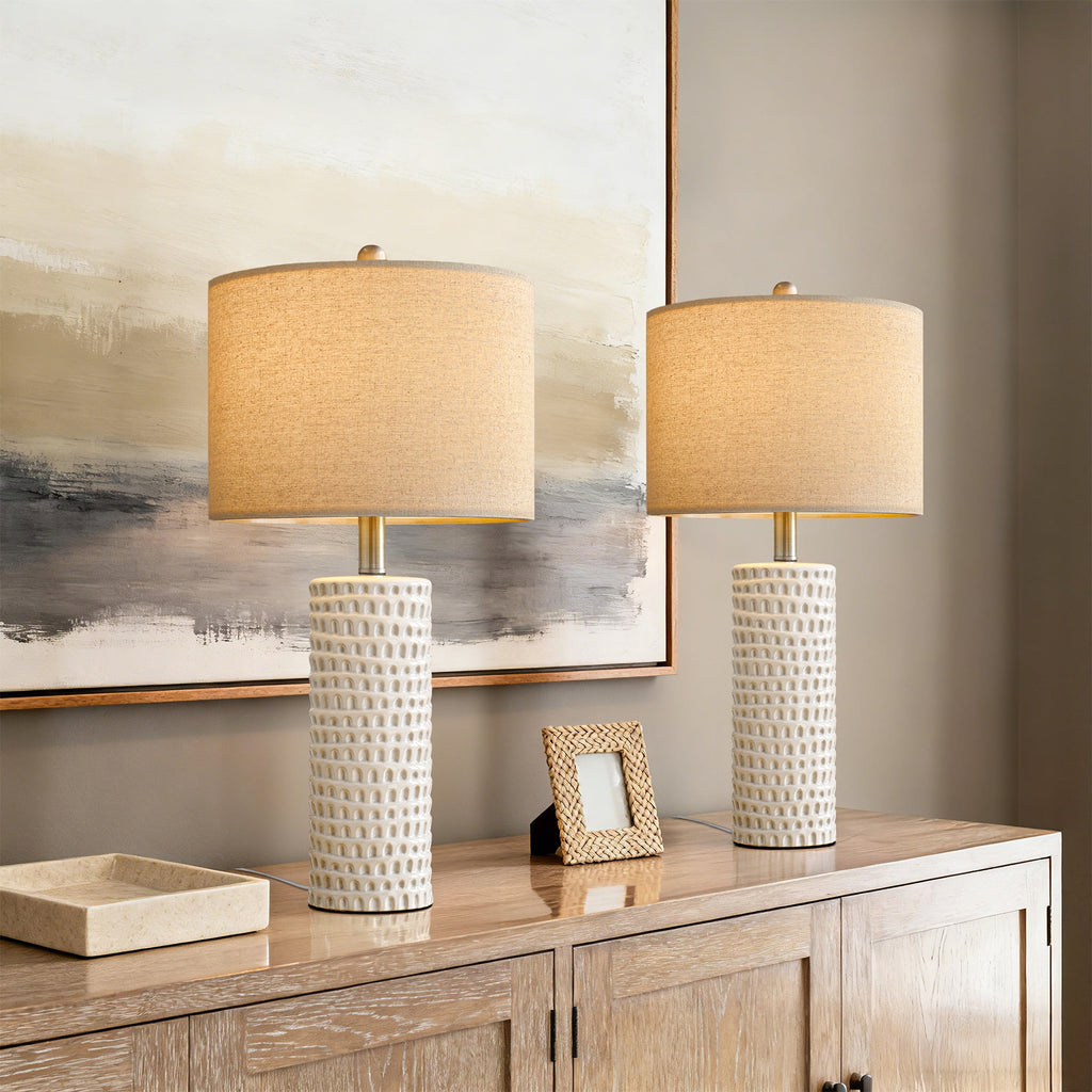 Oneach Ceramic Table Lamp Set of 2 for Living Room Bedroom 18.25" Modern White Bedside Nightstands Lamps