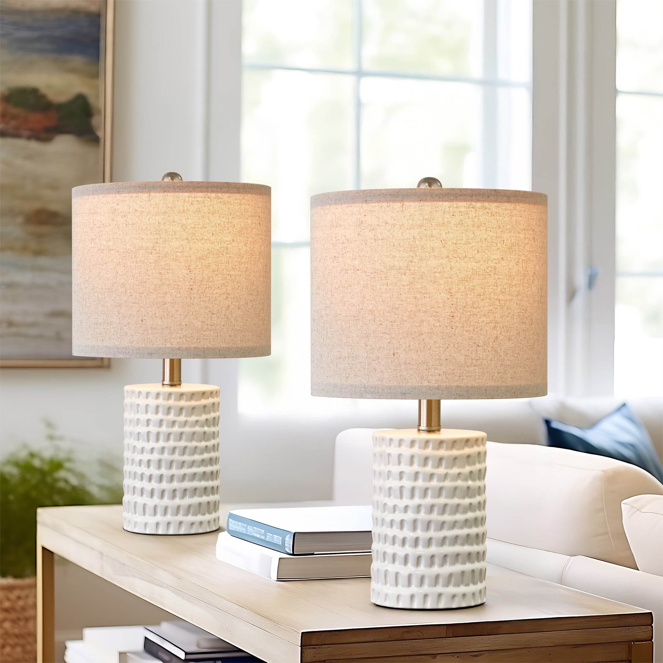 Oneach Ceramic Table Lamp Set of 2 24" White Contemporary Bedside Nightstand Lamps for Bedroom Living Room