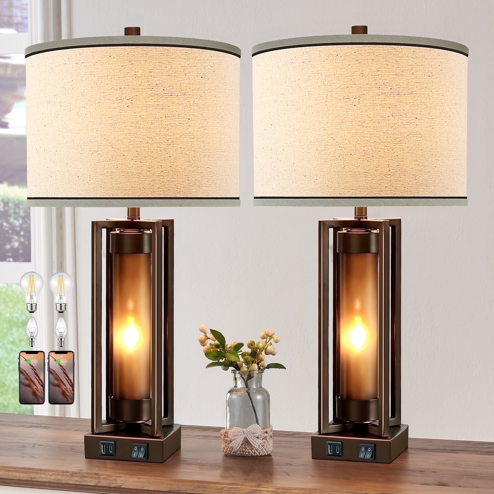RORIA 24” Modern Living Room Table Lamp Set of 2 with 2 USB charging ports, built-in frosted white glass with night light, black retro country farmhouse lamp, perfect for bedroom bedside lamps