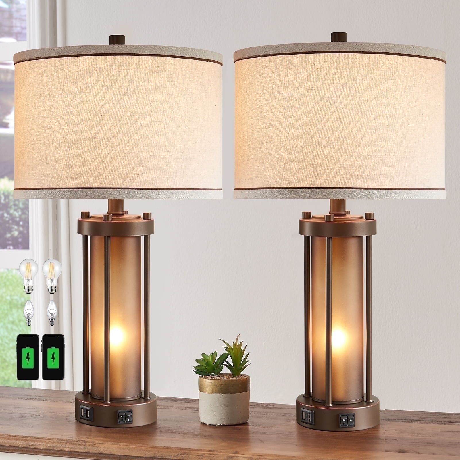 RORIA 24” Modern Living Room Table Lamp Set of 2 with 2 USB charging ports, built-in frosted white glass with night light, black retro country farmhouse lamp, perfect for bedroom bedside lamps