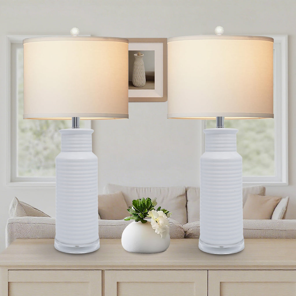 Tnuyoah Modern Table Lamps Set of 2, Living Room Retro White Ceramic Lamp - 28'' Farmhouse Beside Nightstand Lamps for Bedroom with Fabric Shade, Rotary Switch, Bulbs Not Included