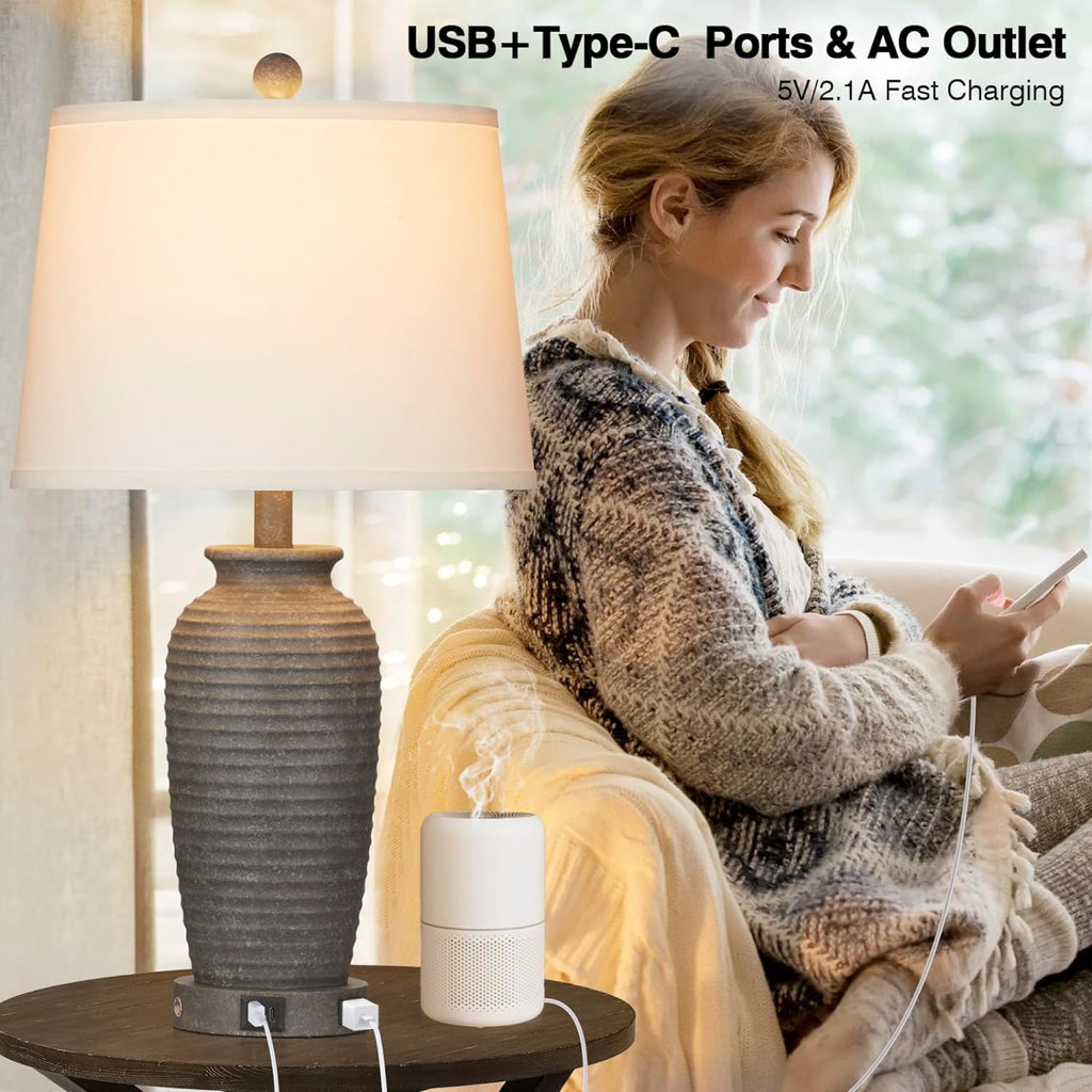 Cinkeda 3 Way Dimmable Jar Table Lamp with USB A+C Ports AC Outlet for Bedroom Living Room Modern Farmhouse Touch Control Resin Single Bedside Nightstand Lamp