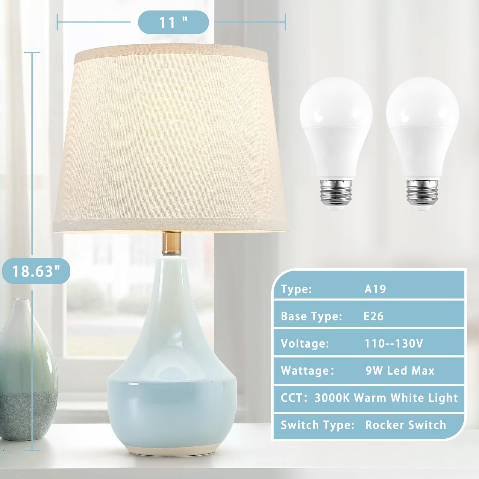 NATYSWAN Table Lamp Set of 2, Ceramic Table Lamp Classic Beside Lamps Nightstand Lamp Modern Table Lamp for Living Room, Bedroom & Office Rocker Swtich Sky Blue-LED Bulbs Included