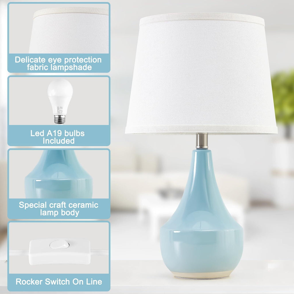 NATYSWAN Table Lamp Set of 2, Ceramic Table Lamp Classic Beside Lamps Nightstand Lamp Modern Table Lamp for Living Room, Bedroom & Office Rocker Swtich Sky Blue-LED Bulbs Included