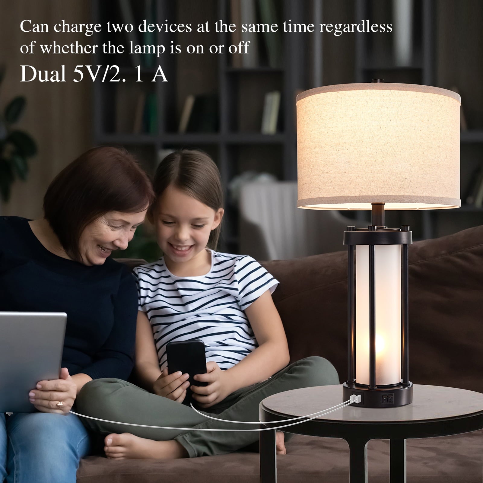 RORIA 24” Modern Living Room Table Lamp Set of 2 with 2 USB charging ports, built-in frosted white glass with night light, black retro country farmhouse lamp, perfect for bedroom bedside lamps