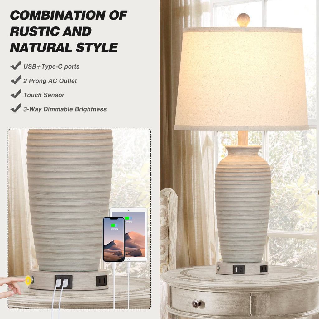 Cinkeda 25" Farmhouse Jar Table Lamps for Living Room Bedroom Set of 2 with USB A+C Ports AC Outlet 3 Way Dimmable Touch Control Resin Bedside Nightstand Lamp