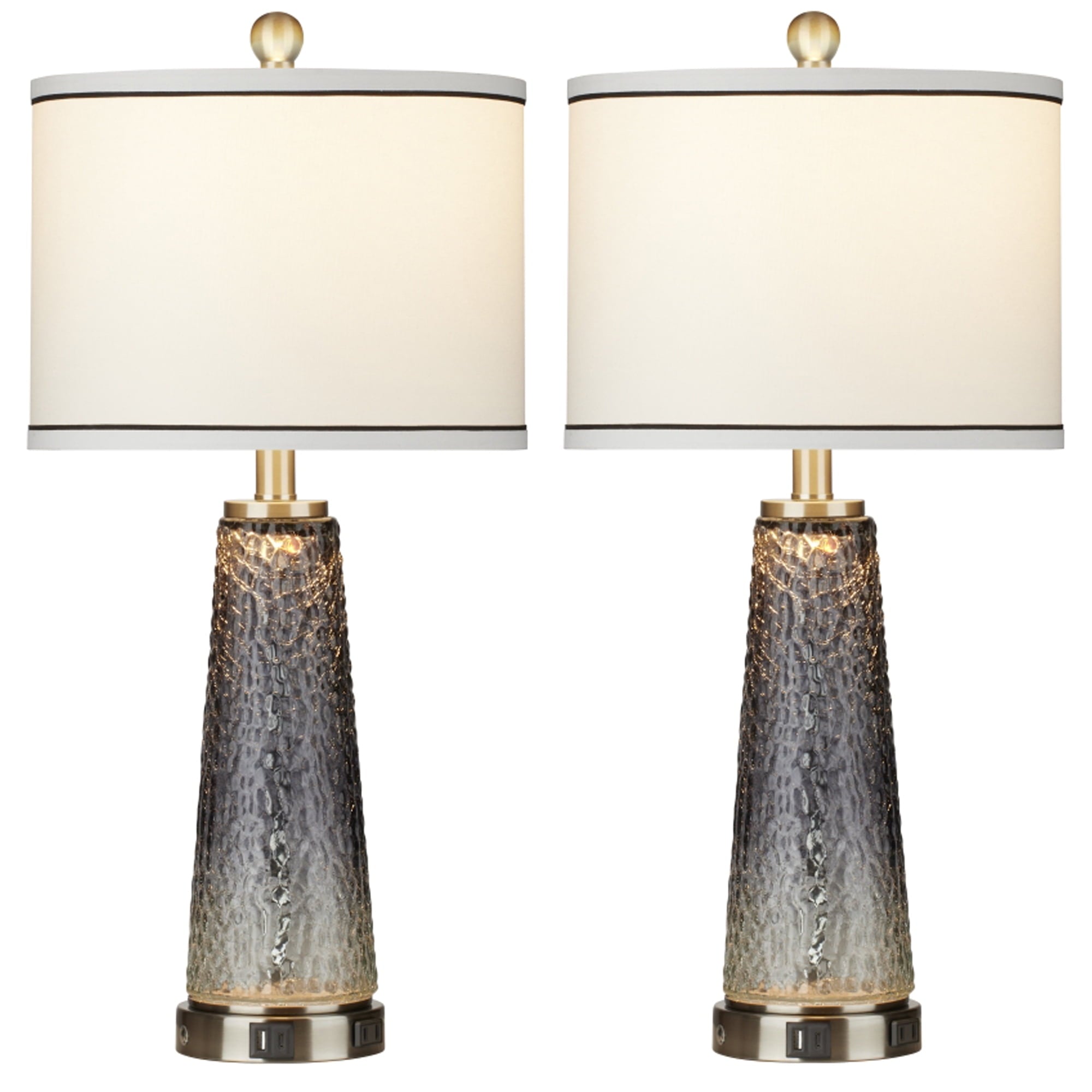 Cinkeda Modern Table Lamp Set of 2 for Bedroom Living Room with USB A+C Ports AC Outlet Gradient Grey Glass Nightlight Nightstand Bedside Lamps