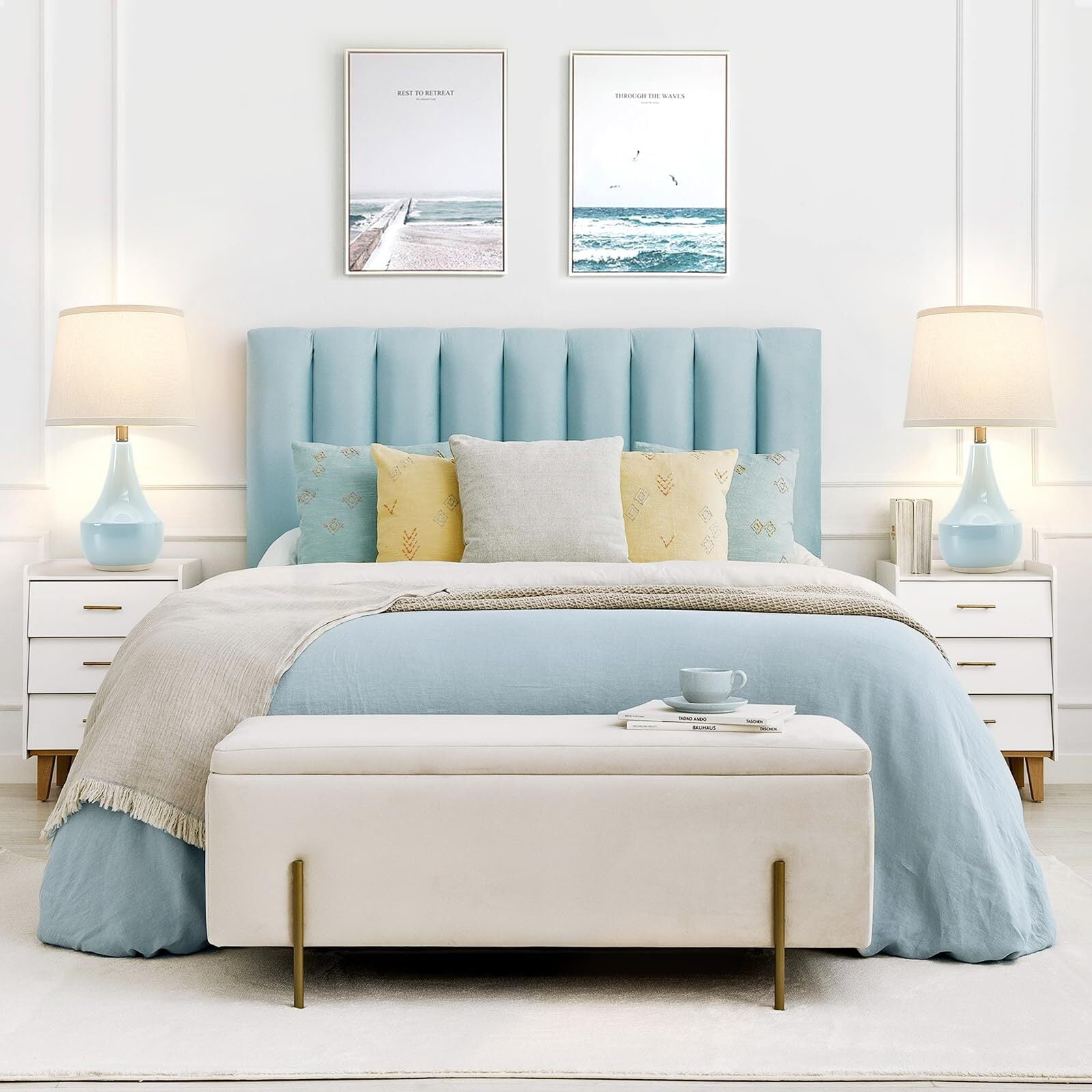 NATYSWAN Table Lamp Set of 2, Ceramic Table Lamp Classic Beside Lamps Nightstand Lamp Modern Table Lamp for Living Room, Bedroom & Office Rocker Swtich Sky Blue-LED Bulbs Included