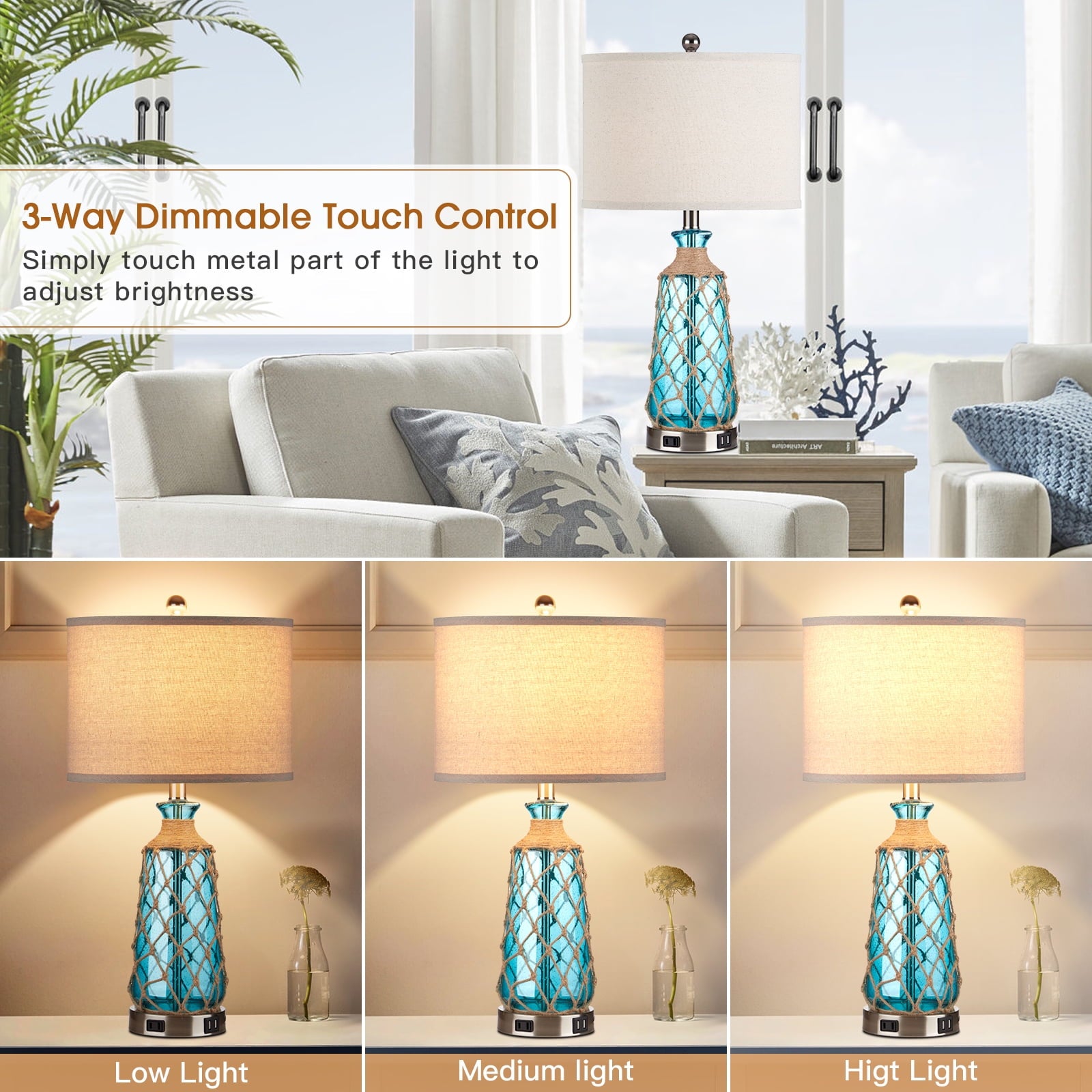 Cinkeda Coastal Table Lamps Set of 2 with USB C & A Charging Ports & AC Outlet - 3-Way Dimmable Touch Control Bedside Lamps,25" Tall, Glass